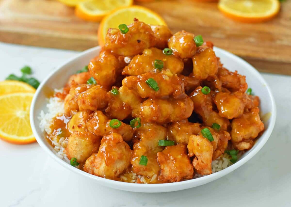 Asian orange chicken on rice